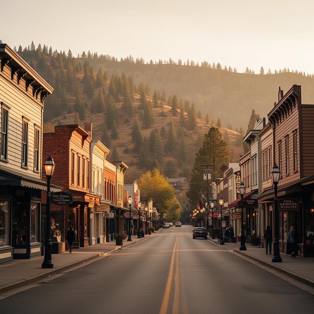 Historic main street in the Sierra foothills at golden hour